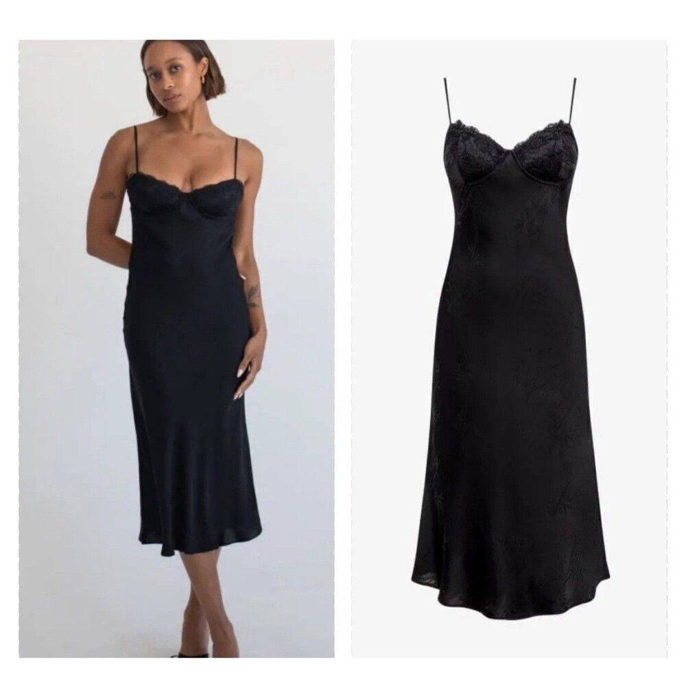 Anthropologie Rumored NWT Women Medium Negroni Black Satin Midi Dress Elegant